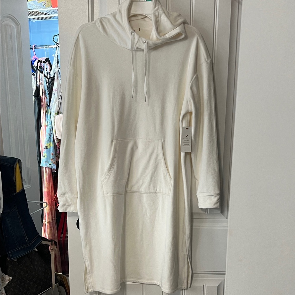 Denver Hayes Cream Hoodie Sweatshirt Dress with Kangaroo Pocket NWT